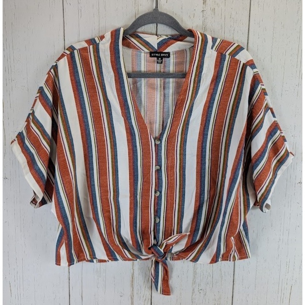 Style Envy Size‎ Medium Multicolor Stripe V Neck Boho V Neck Tie Front Blouse